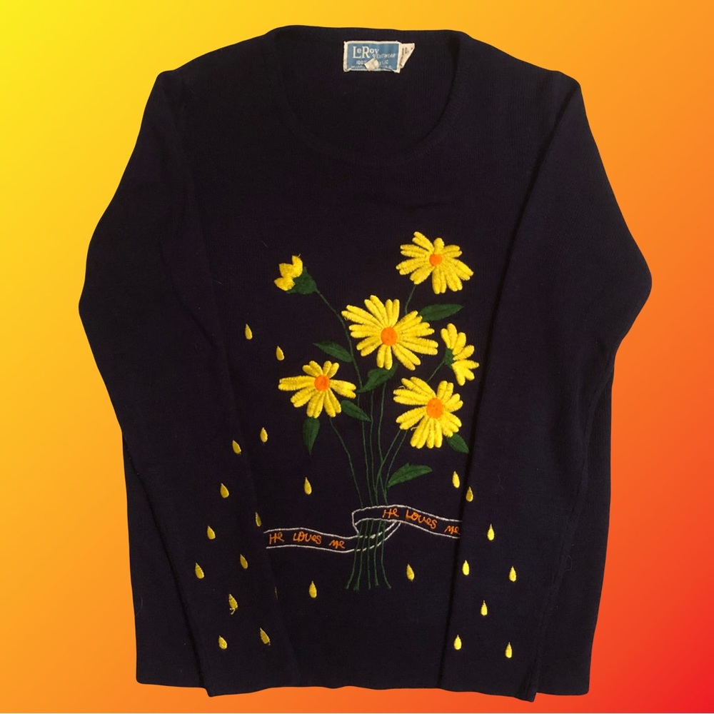 1970s Knit Sweater Flower Top